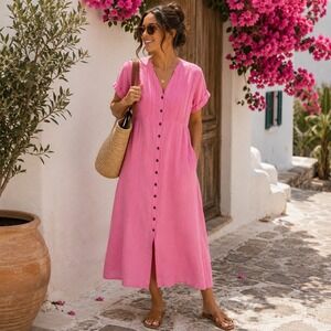 Pink Linen Blend Midi Dress Medium Button Front Vacation Resort Coastal Grandma